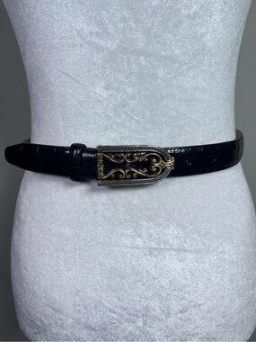 Brighton Women’s Black Croc Mixed Metals Silver & Gold Filagree Buckle Belt